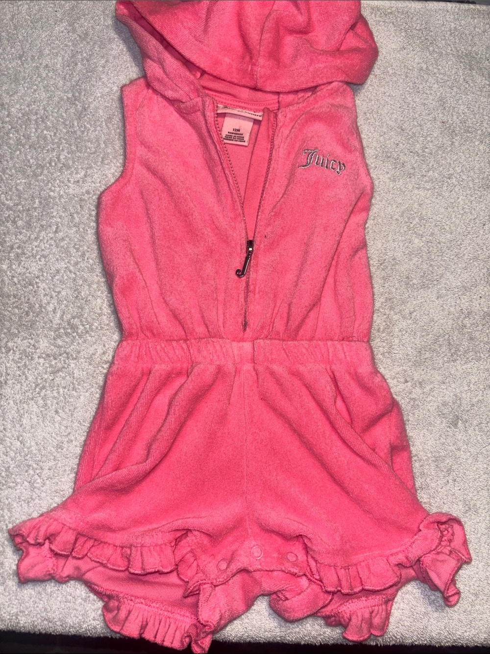 Juicy Couture Hot Pink Hooded Terry Romper with Ruffle Hem
